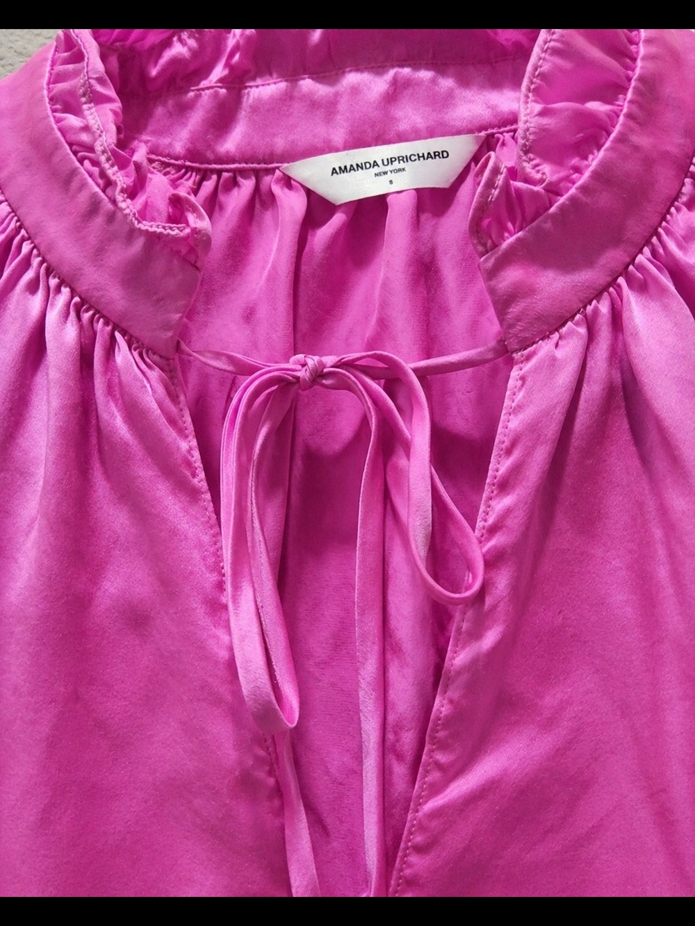 Amanda Uprichard Pink Satin Ruffle Tie Neck Blouse Size S - Picture 3 of 3